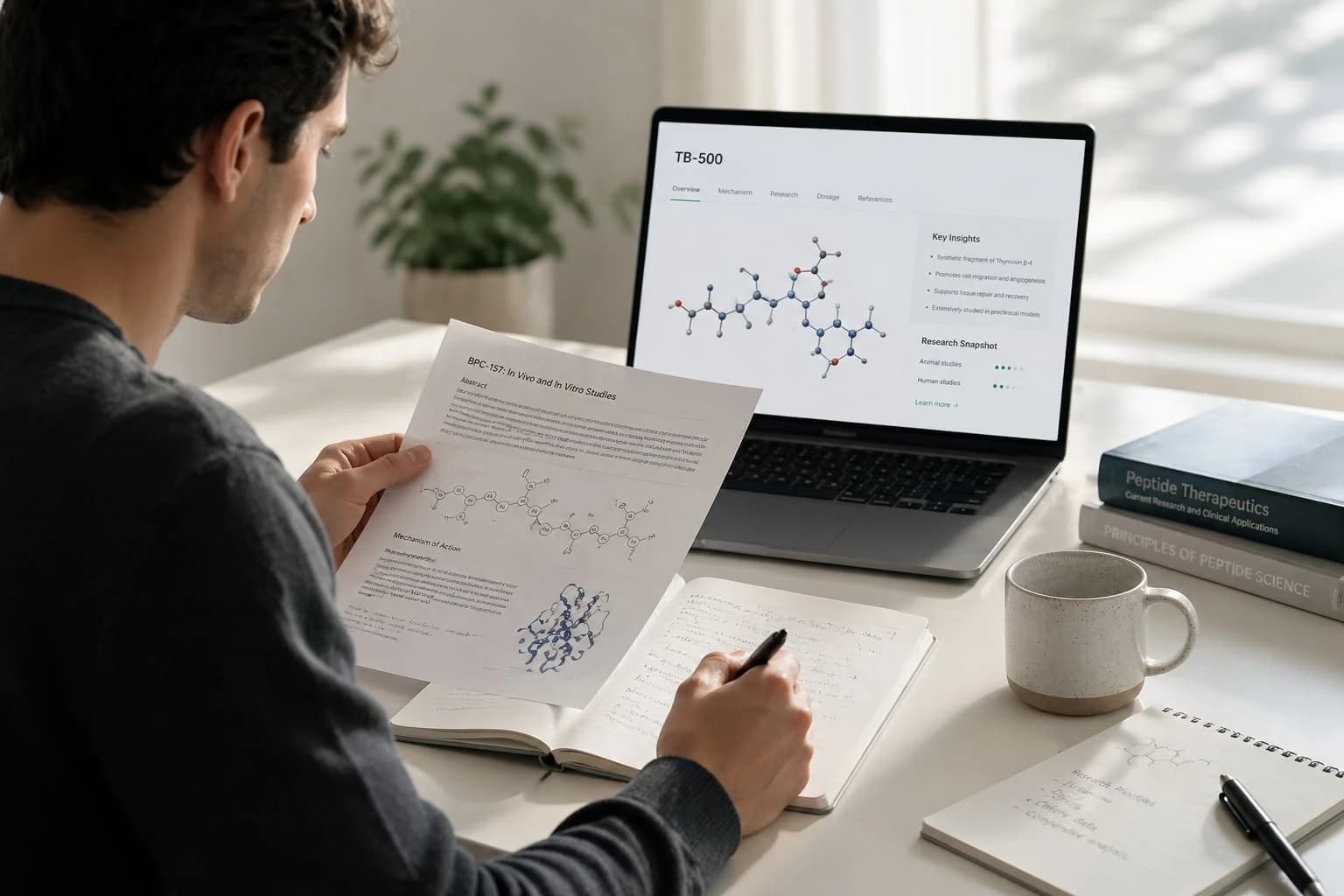 Person studying peptide research papers and molecular diagrams at a desk